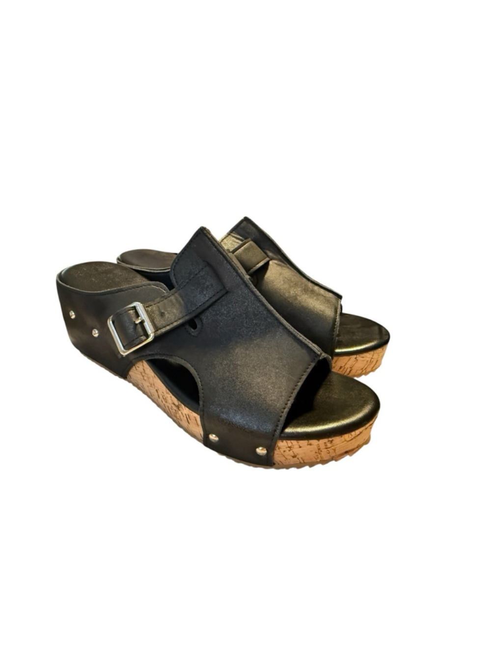 Women’s Black Platform Clog Sandals Cork Wedge Peep Toe Size EU 39.5 US 8.5-9